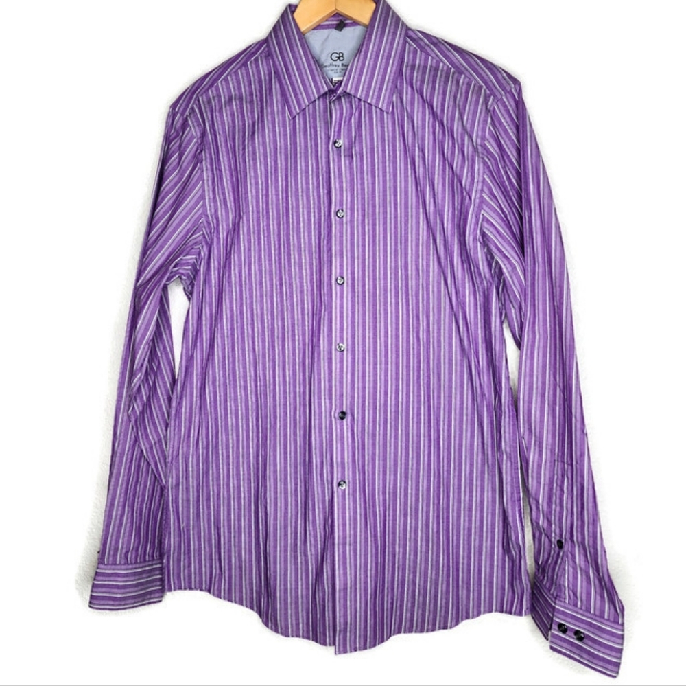 Geoffrey Beene Slim Fit Purple Striped Dress Shirt Size 15.5 34/35